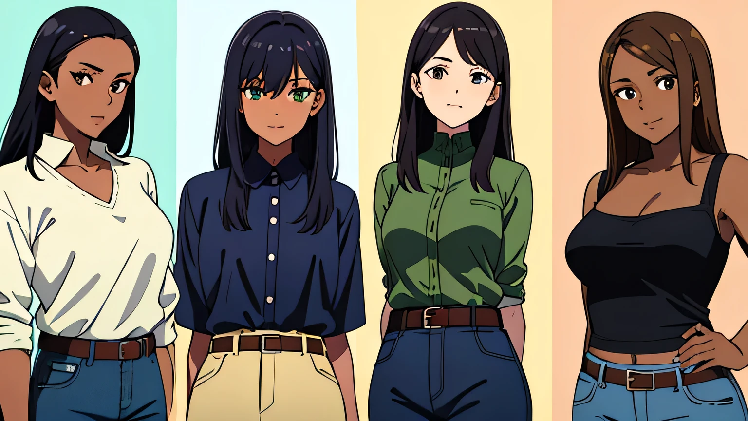 dark skin and straight hair, approximately 21 years old and with a cheerful personality, She was wearing a green and denim blouse and in the middle a brown belt that showed off her thin waist..,
