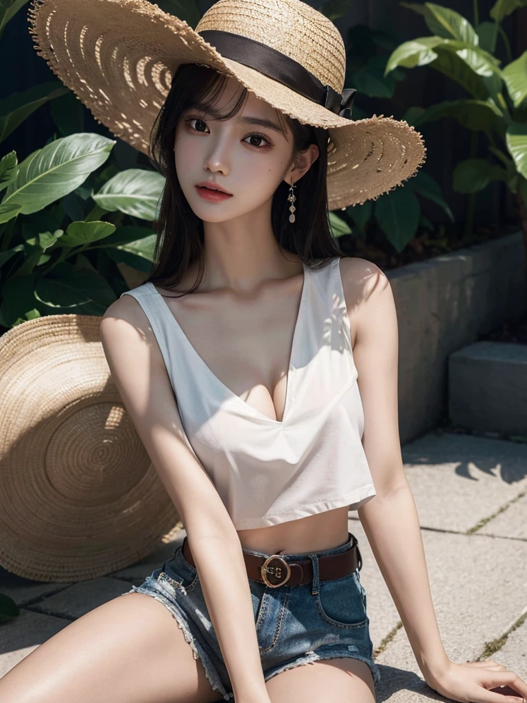 absurdres, RAW photo, extremely delicate and beautiful, masterpiece, Best Quality, ultra high resolution, 32k, hyperrealistic, ultra-detailed, perfect anatomy, super Detailed skin, Super Beauty, perfect figure, Perfect Style, Perfect balance, in her 20s, very small head, very small face, delicate facial features, tearful mole, earring, very huge breasts, bare legs, full body shot, medium hair, black hair, casual, blouse, white shirt, buttoned shirt, bare shoulders, collarbone, midriff, navel, shorts, straw hat,