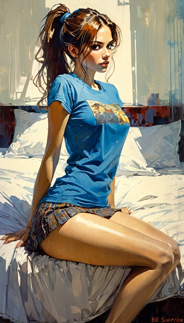 girl with long brown hair tied in a ponytail, miniskirt, blue t-shirt, sexy, in her bed, (art inspired by Bill Sienkiewicz, intricate details, oil painted )