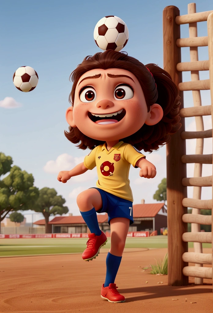 Create a fun image of a very strong, straight-faced kicking a soccer ball. The should have a very strong, muscular leg, like a superhero's, while the rest of the body appears normal. The soccer ball The football should be flying at high speed after being kicked, and there should be a fence behind it that is bursting due to the force of the kick. The expression on the child's face should be one of surprise and excitement."