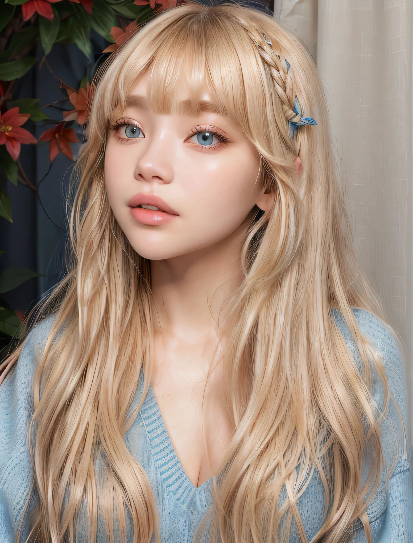 a close up of a woman with long blonde hair wearing a blue sweater, lalisa manobal, with bangs, sydney sweeney, fluffy bangs, curtain bangs, with a fringe, long hair with bangs, white bangs, blonde hair and large eyes, bangs and wavy hair, long hair with full bangs, with full bangs, long bangs, blonde hair and blue eyes