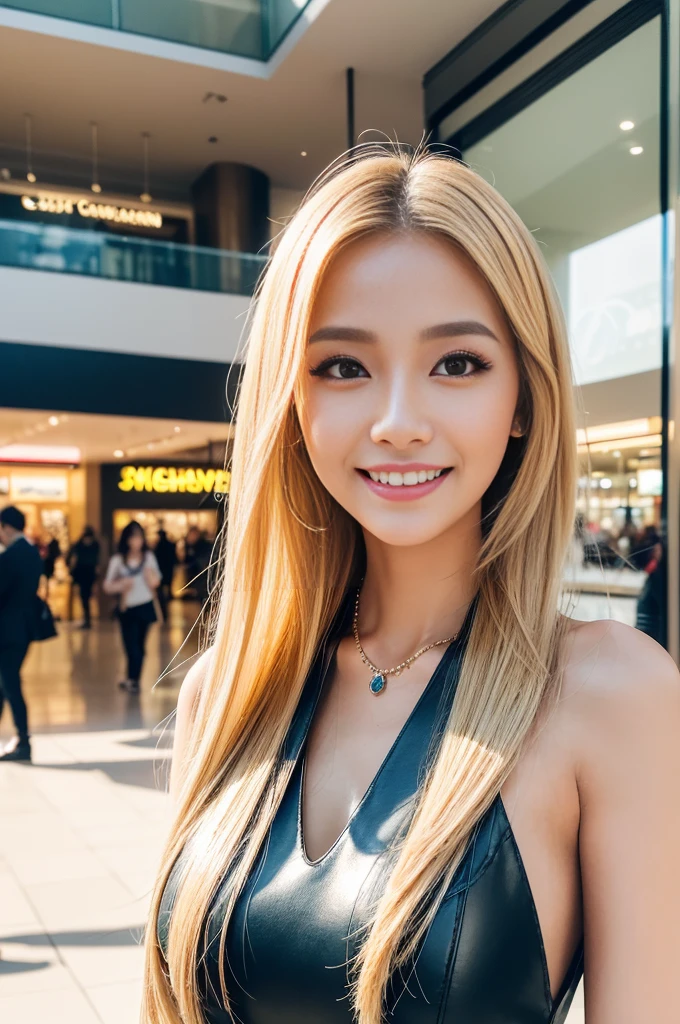 (best quality, 4k ,8k, highres, masterpiece:1.2), ultra-detailed, (realistic, photorealistic, photo-realistic:1.37), closeup, beautiful Thai woman, (slim girl), (happy smile), long lashes, beautiful makeup, platinum blonde hair, fair skin, slender figure, elegant posture, wearing large sparkling colorful jewelery, wearing a business style leather dress, standing in a large shopping mall, gentle sunlight shining through the shopping mall windows, casting a soft glow on her face, adding warmth to the scene, vibrant colors, capturing the essence of vibrant city life, portrait style, showcasing her natural beauty and grace in a feminine way