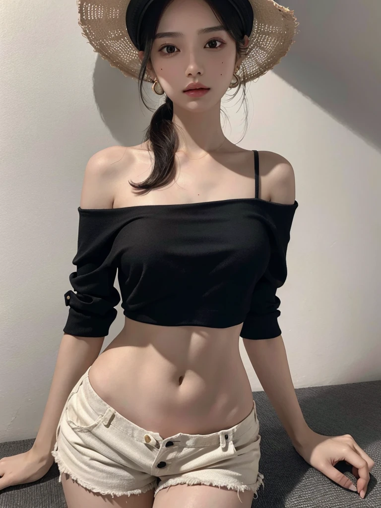 absurdres, RAW photo, extremely delicate and beautiful, masterpiece, Best Quality, ultra high resolution, 32k, hyperrealistic, ultra-detailed, perfect anatomy, super Detailed skin, Super Beauty, perfect figure, Perfect Style, Perfect balance, in her 20s, very small head, very small face, delicate facial features, tearful mole, earring, very huge breasts, bare legs, full body shot, medium hair, black hair, casual, blouse, white shirt, buttoned shirt, bare shoulders, collarbone, midriff, navel, shorts, straw hat,