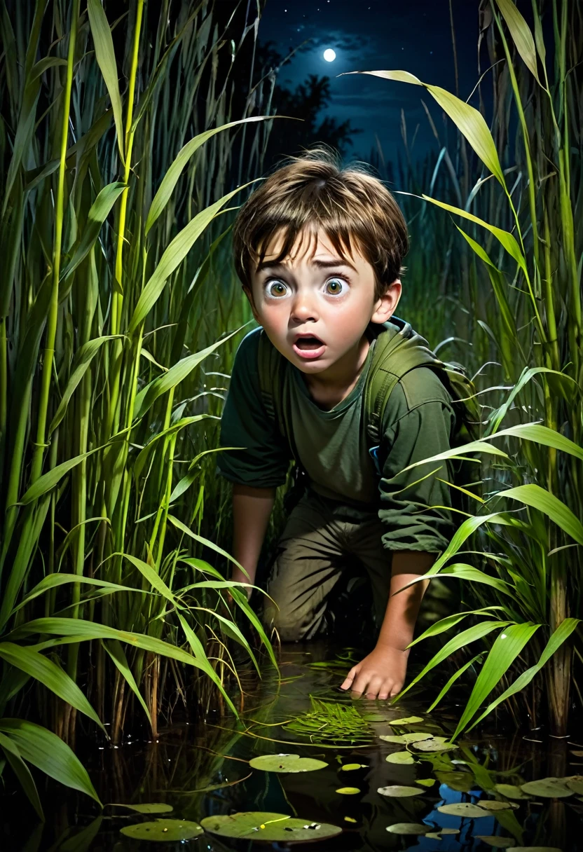 A boy hiding and scared in the reed vegetation in a swamp at night 