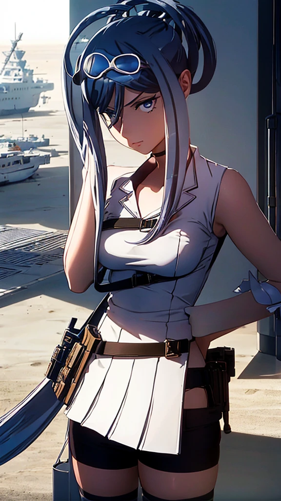 Detailed girl with an arrogant look in front of a war search fleet
