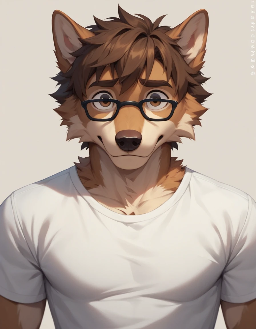 score_9,score_8_up,score_7_up, 2d art, an Anthro furry male wolf, adult male, brown eyes, brown shaggy hair, black glasses, wearing white t shirt, he looks nervous, upper body shot, front view, looking at viewer