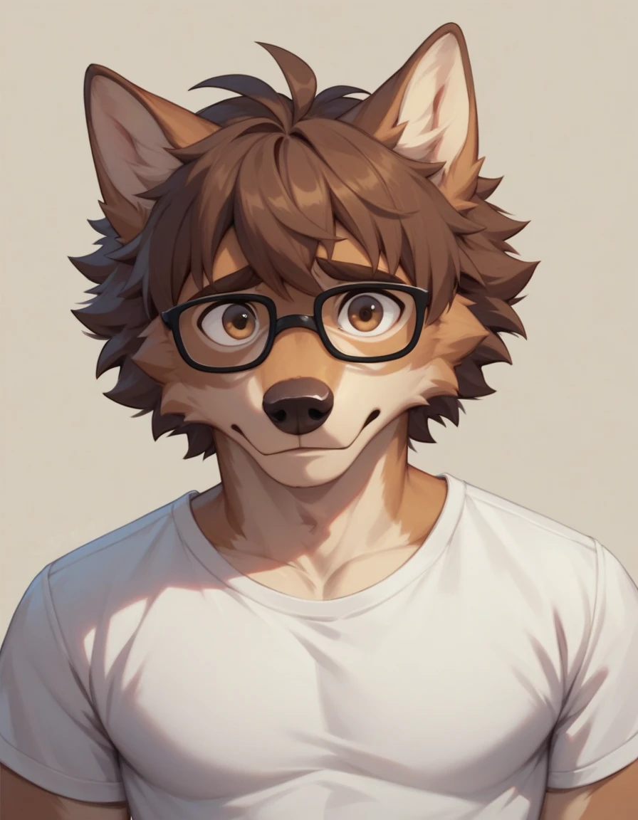 score_9,score_8_up,score_7_up, 2d art, an Anthro furry male wolf, adult male,  brown eyes, brown shaggy hair, black glasses, wearing white t shirt, he looks nervous, upper body shot, front view, looking at viewer 