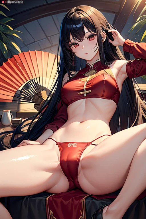 masterpiece、Highest quality、8K、(((Spread your legs)))、((Shiny underwear)))、Red gi、Beautiful beauty、Beautiful long black hair、((whole body、holding a large fan in one&#39;s hand))、(((Photo taken from below)))、In town、night、Large Breasts、Big Breasts、、tall、Long limbs、Hairstyle is a long ponytail、masterpiece, Highest quality, High resolution, 1 girl, Shiranui Maity,  wide,  , (The feet are socks),, Large Breasts,, Cowboy Shot, Natural smile