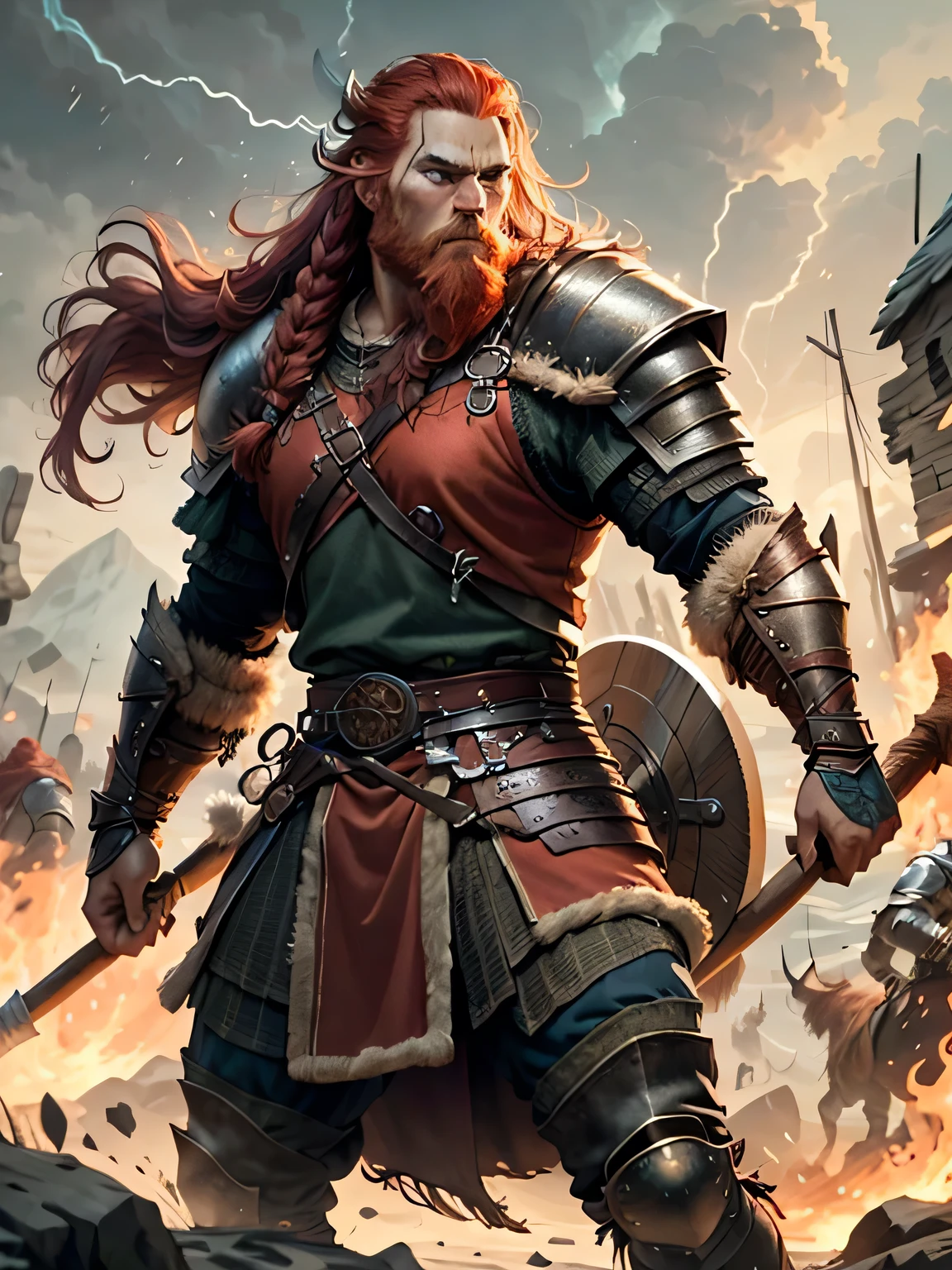 create a red-haired, animal skin-wearing, fierce Viking, ::braids, long beard, fur armor, thunder, full armor, axe, strong, viking