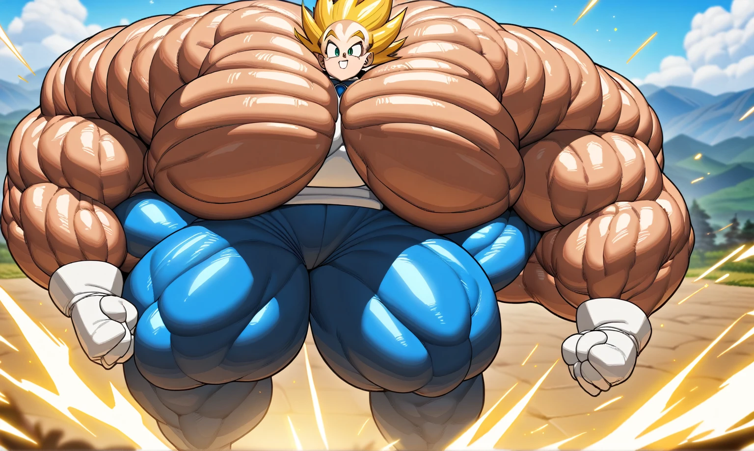 1boy, (Vegeta:1.5), from Dragon Ball Z, masterpiece, best quality, very aesthetic, absurdres, saiyan, green eyes, spiked hair, (yellow hair:1.5), shirtless, blue skintight pants, white gloves, (huge muscles:3.7), (huge arms:3.7), smilling, dragonballartstyle, in the style of Akira Toriyama, white tiled floor, outdoors, flat-top mountains, white boots with brown tips, electricity