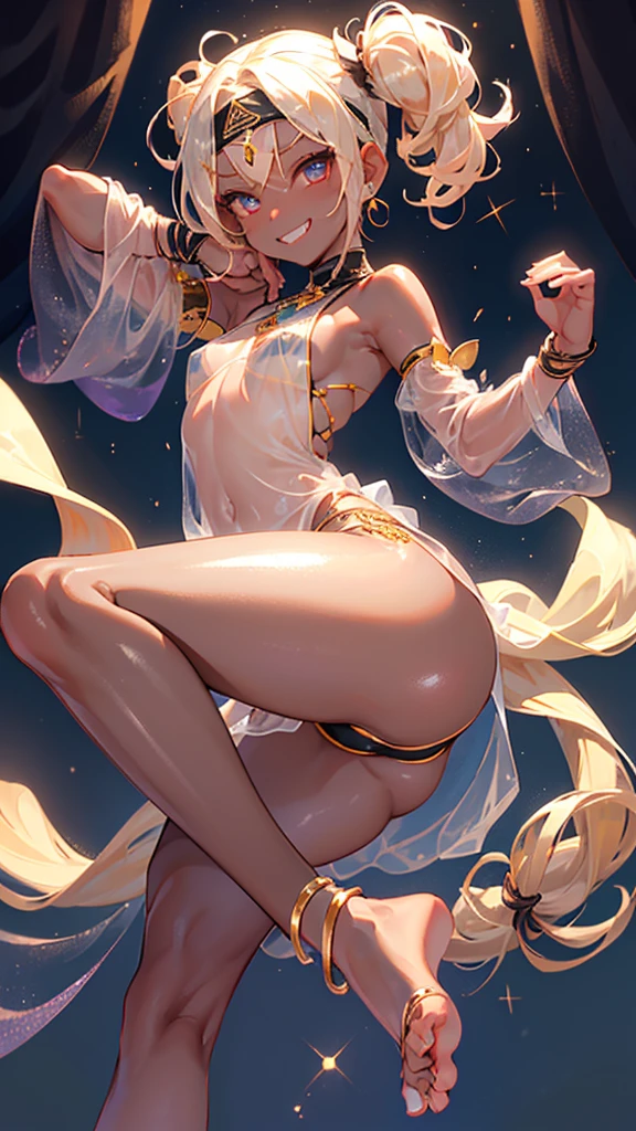 1girl, Angle from below:1.8, The girl bends forward to show off her breasts、legs apart, (Blade), (Tanned shiny black skin:1.6)、Glowing Eyes, ((Sexy evil grin)), ( girl), blondes、Twin tails、forehead、Small breasts, hat, ((((arabian clothes, see-through)), (headband), (Areola Slip), small breasts, (jewelry)))、desert, ((sahara))、foot, ((foot))、(手を頭の後ろで組む)、arm pits, (ass), (foot), ass, (しゃがむ)、front,