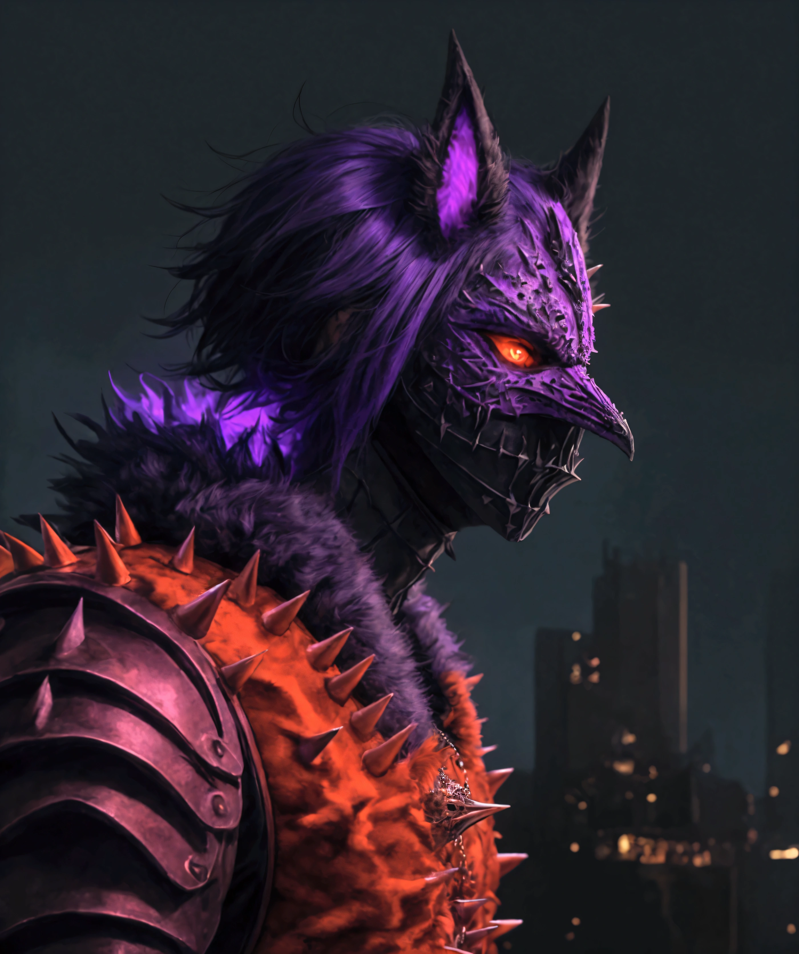 (extremely detailed 8k wallpaper), a medium shot photo of Grim dressed as a scary masked orange and purple furry-supervillain in a orange and purple spiked armour made of fur glowing armour with spikes from marvel, theme, intricate, high detail, dramatic, furry monster and destroyed buildings in the background