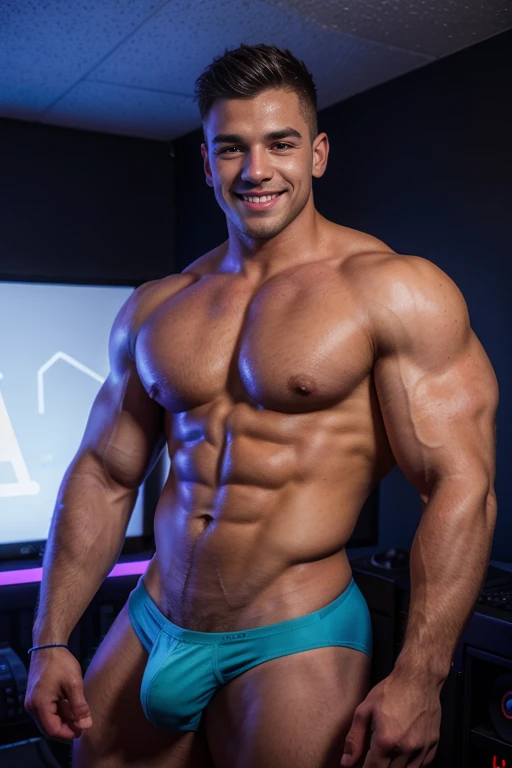 A handsome bodybuilder male 23 years, cute smile, huge biceps, shirtless, weat skin, briefs, in a player gamer room, LED lights neon, player screen, gamer, sexy modelshoot , Ultra realistic, hyper realistic, ultra HD 