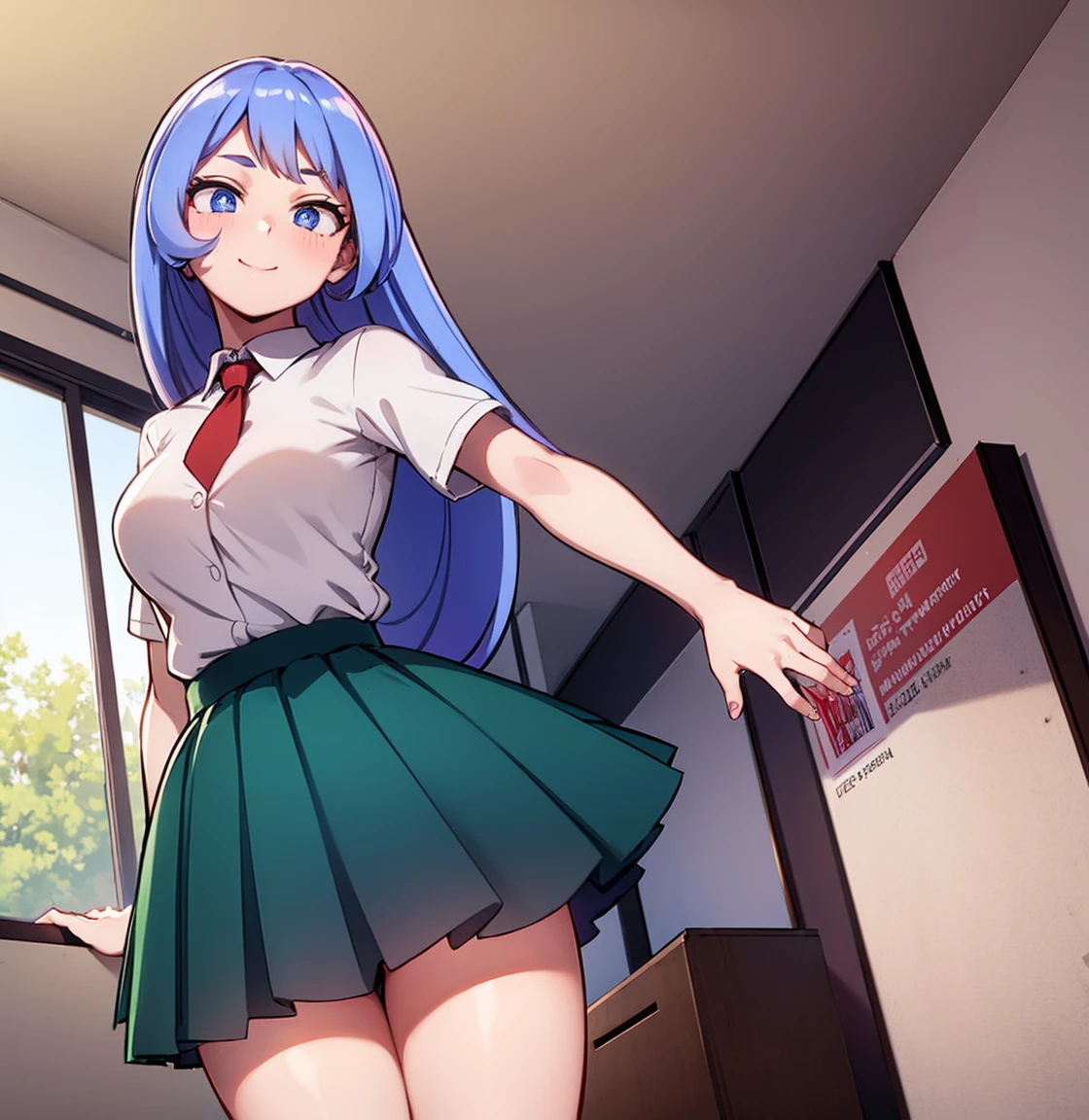 ((1girl)),((alone)), nejire hadou,(masterpiece), (best quality), (ultra detailed), (best illustration), (best shadow), (absurdities), sharp focus, cowboy shot , looking at the viewer, big breasts, narrow waist, wide hips, medium thighs, round butt, dynamic posture, green hair, blush, blue eyes, blue hair, long hair, big breasts, u.a. , red tie, collared shirt, white shirt, tight shirt, short sleeves, green skirt, short skirt, tight skirt, (black socks: 1.2), brown loafers: 1.1, seductive smile, closed mouth, (sexy pose: 1.2), solo, standing: 1.3, interior, school, classroom, desks, window, sunset, looking forward, ((focus on hips)), pov (from below), red blush, perfect anatomy, perfect hands