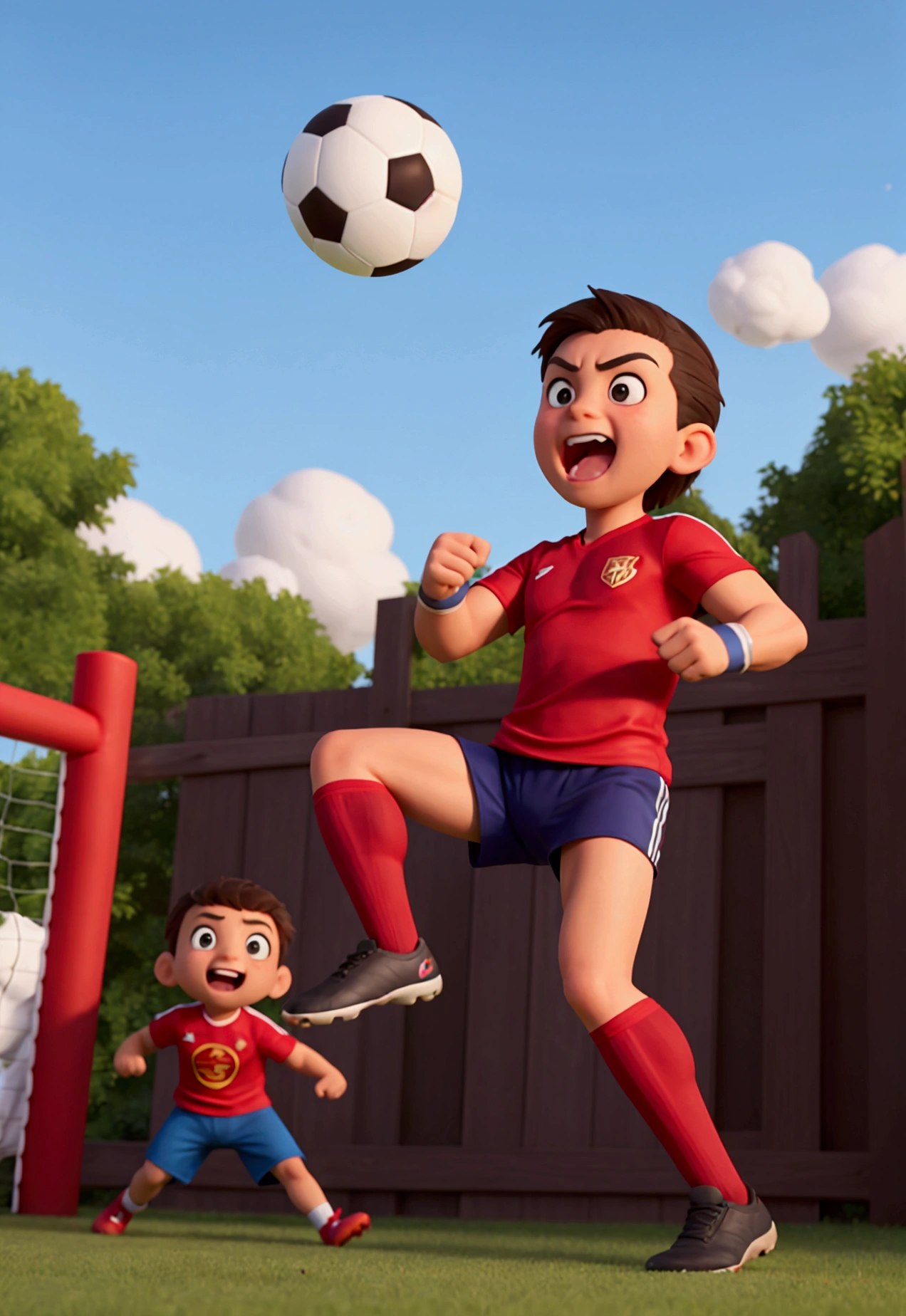 Create a fun image of a very strong, straight-faced kicking a soccer ball. The should have a very strong, muscular leg, like a superhero's, while the rest of the body appears normal. The soccer ball The football should be flying at high speed after being kicked, and there should be a fence behind it that is bursting due to the force of the kick. The expression on the child's face should be one of surprise and excitement."