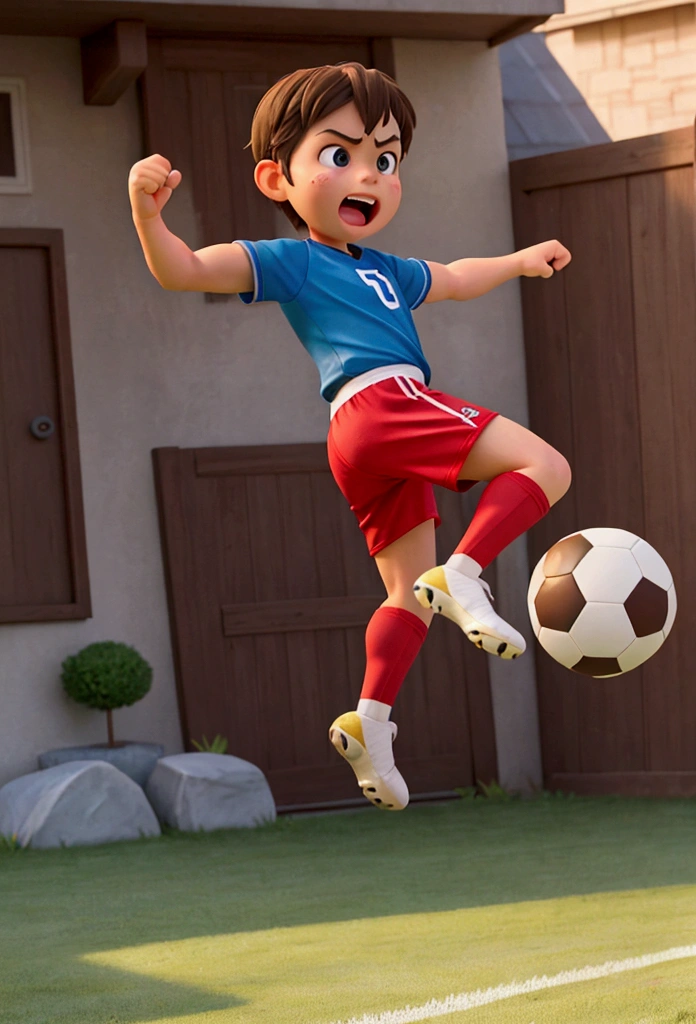 Create a fun image of a very strong, straight-faced kicking a soccer ball. The should have a very strong, muscular leg, like a superhero's, while the rest of the body appears normal. The soccer ball The football should be flying at high speed after being kicked, and there should be a fence behind it that is bursting due to the force of the kick. The expression on the child's face should be one of surprise and excitement."