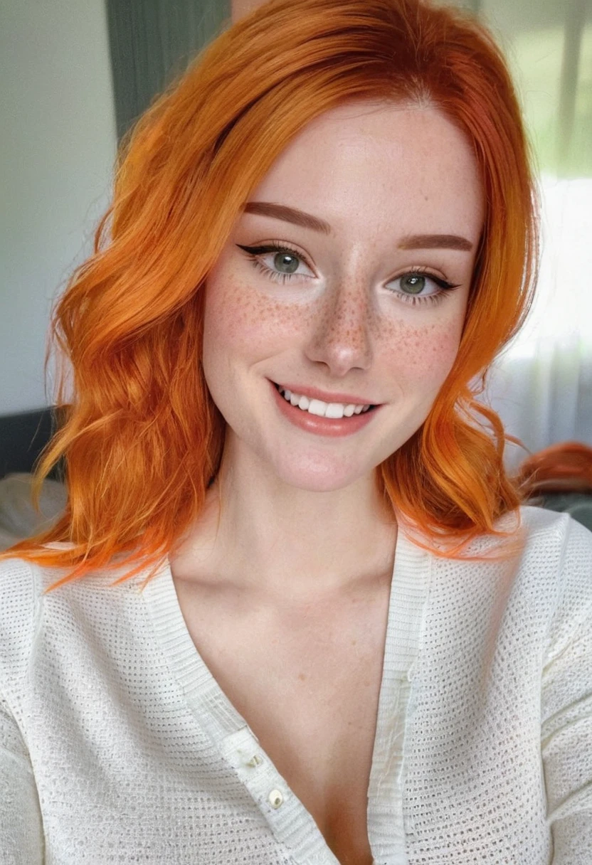 photo by Lilu Canela, wide, SMILE, shirt, Closed mouth, white shirt, Upper part of the body, inside, Orange hair, sweater, realist, body freckles