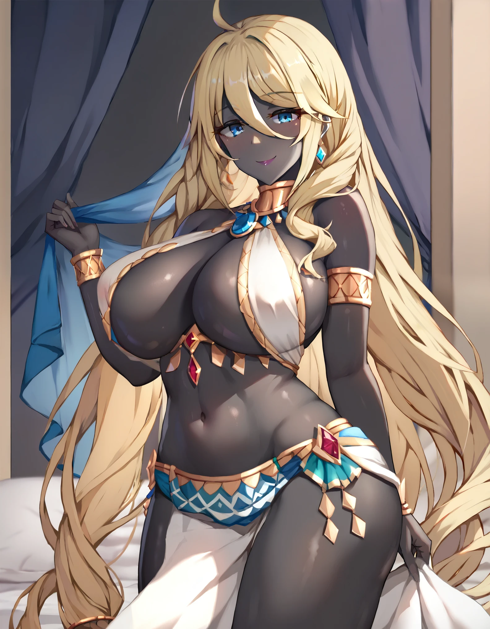 masterpiece, score_9, score_8_up, score_7_up, source_anime, best quality, extremely detailed, 1girl, milf, solo, (colored skin, black skin:1.8), yuni-real,yuni \(princess connect!\), (large breasts:1.7), ((((blonde hair), very long hair, blue eyes))), parted lips, (((arabian clothes)), ((seductive smile), closed mouth), ((indoor))
