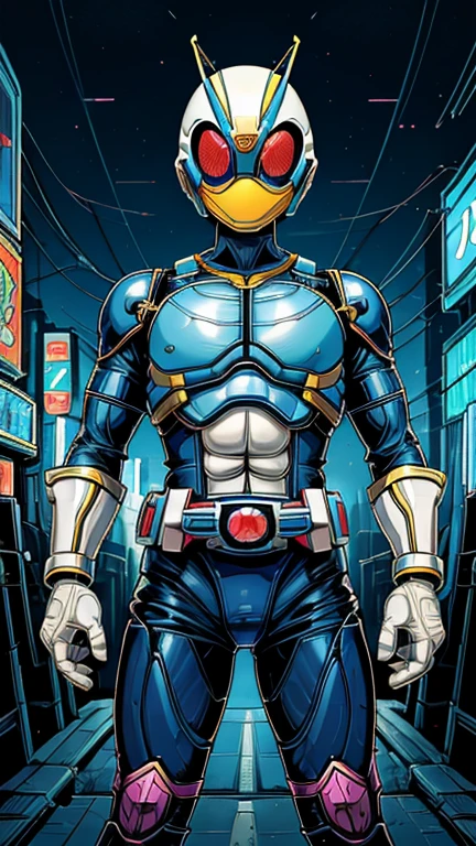 (8k),(masterpiece),(Japanese),(8-year-old boy),((innocent look)),((Childish)),From the front,smile,cute,Innocent,Kind eyes,Flat chest, blue helmet, white domino mask,Donald Duck,Bald,No Hair, Henshin Pose,night,dark, Neon light cyberpunk city,Kamen rider,camisa