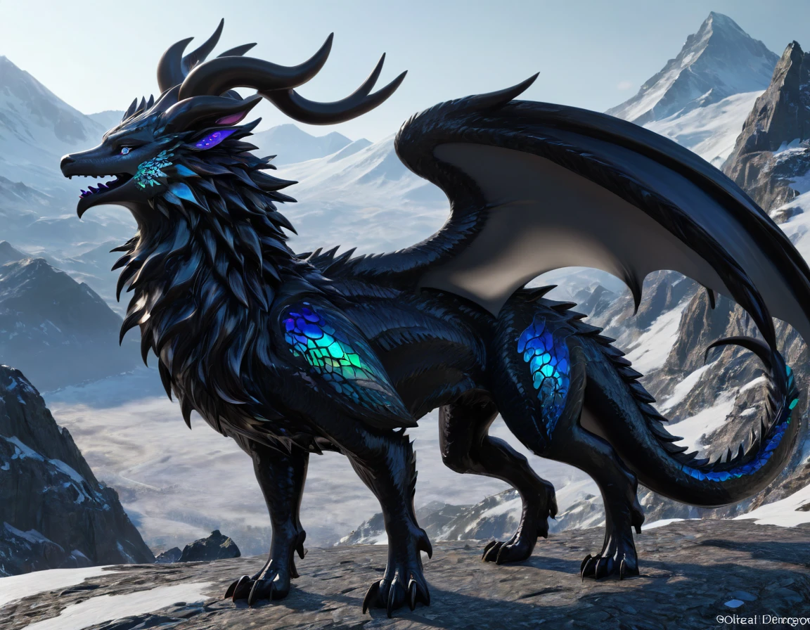 full body portrait of a realistic feminine obsidian dragon, black ral-opal large wings, ral-opal eyes, wolf, huge, long body, four legs, many horns, horns, antlers, twisting horns, curled horns, wolf shaped head, opalescent scales, mysterious mountain scenery, full body, cinematic, render, 8k, unreal engine, realistic, masterpiece, high detail, full body, low life, extremely intricate, extreme detail, volumetric lighting