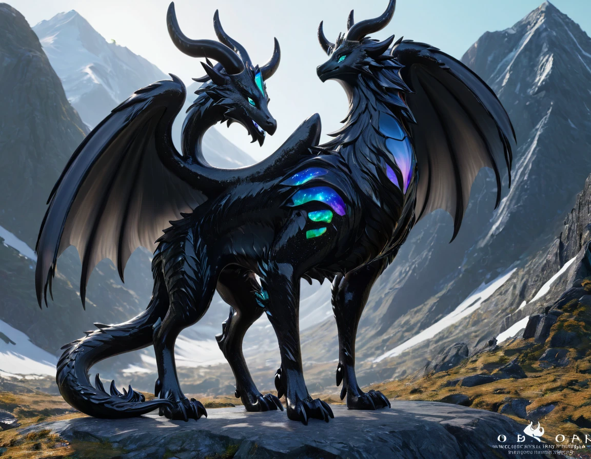 full body portrait of a realistic feminine obsidian dragon, black ral-opal large wings, ral-opal eyes, wolf, huge, long body, four legs, many horns, horns, antlers, twisting horns, curled horns, wolf shaped head, opalescent scales, mysterious mountain scenery, full body, cinematic, render, 8k, unreal engine, realistic, masterpiece, high detail, full body, low life, extremely intricate, extreme detail, volumetric lighting