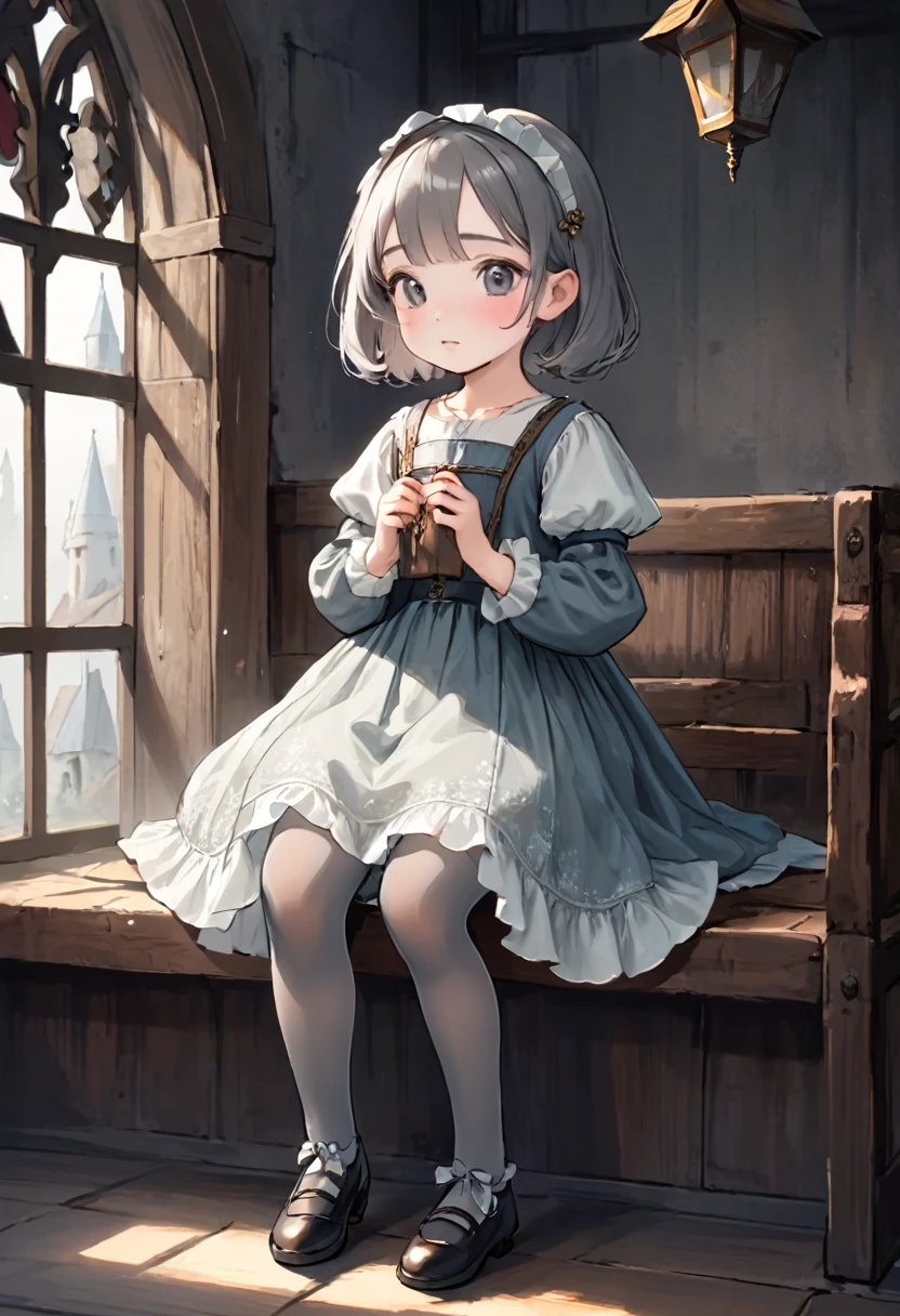 8 year old medieval girl, Underwear、Wearing translucent knee-length bloomers、Translucent slip, Grey translucent tights