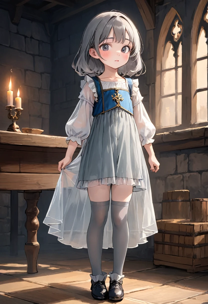 8 year old medieval girl, Underwear、Wearing translucent knee-length bloomers、Translucent slip, Grey translucent tights
