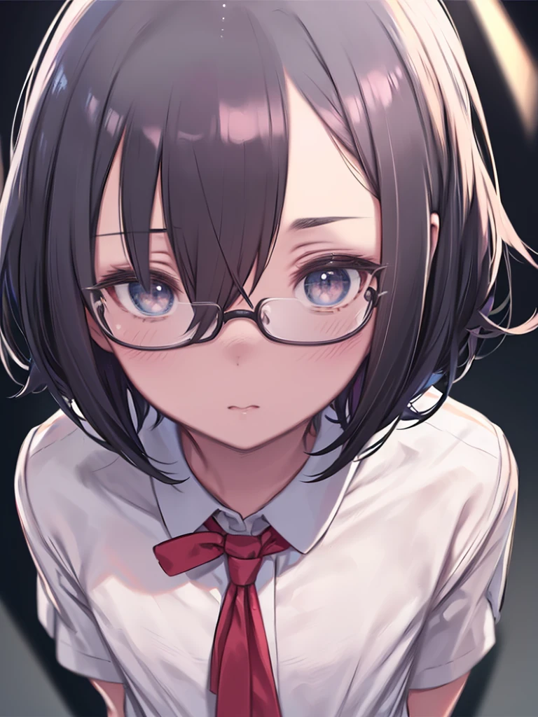 ((masterpiece, Side Lighting, finely detailed beautiful eyes: 1.2)), Super detailed, Ultra-high resolution, Professional Lighting, High quality makeup, beautiful detailed eyes, beautiful, Big eyes, Droopy eyes, (Girl:1.3), (Primary school students, school uniform:1.2), (Red School Bag:1.2), (change:1.3), (Petite body:1.3), (Flat Chest:1.2), Teak cheek, blush body, Watery eyes, Black Hair, short hair, Ahoge, (Hair above the eyes:1.6), Glasses, very cute, (extremely detailed beautiful face), Real skin texture, beautiful hair, beautiful face, beautiful eyes, beautiful body, beautiful hands, (Squat:1.2), (White panties:1.2), (Face Focus:1.6)