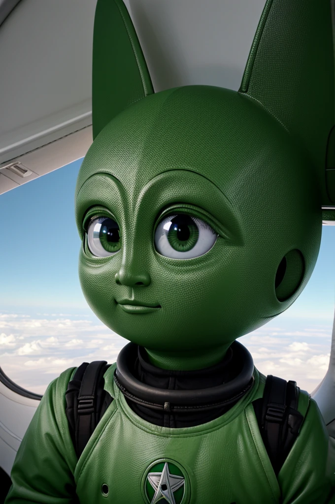 Green Marciano,cute and big-eyed sitting on a wing of a plane heading to area 51 ,details,8K quality