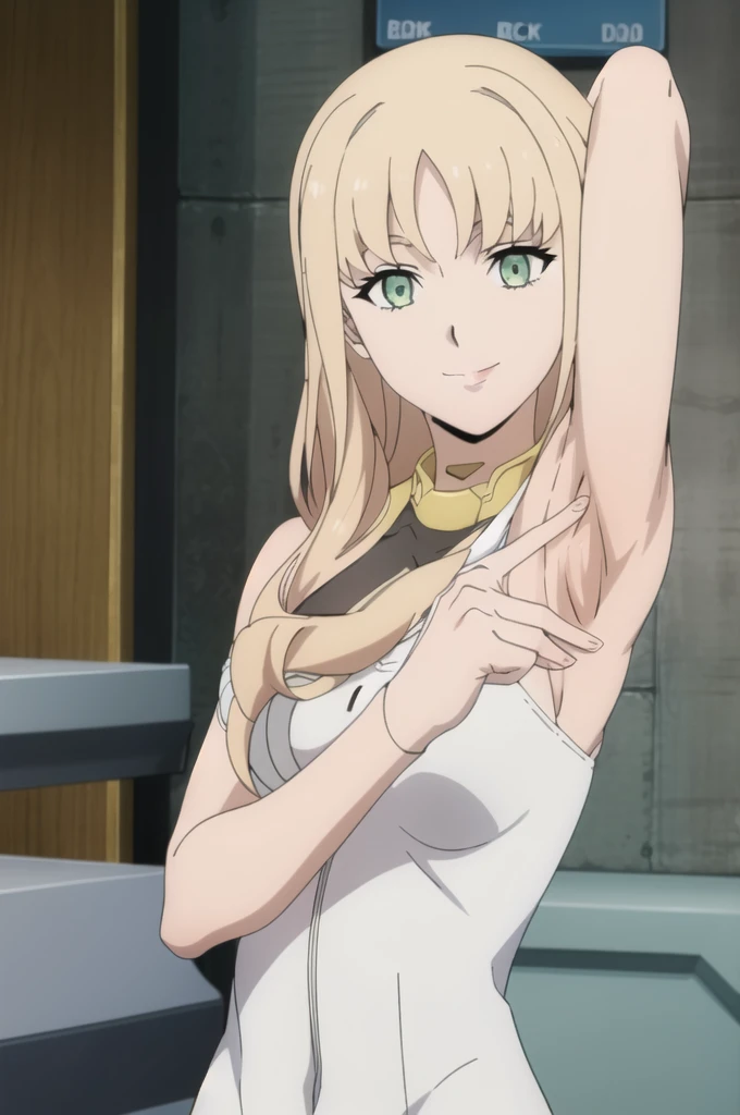 smile, looking at viewer, arms behind head, contrapposto, masterpiece, absurdres , spread armpits,, upper body, (best quality:1.1), (masterpiece:1.4), , , , , , , 1girl, solo, ciel_synduality_noir
