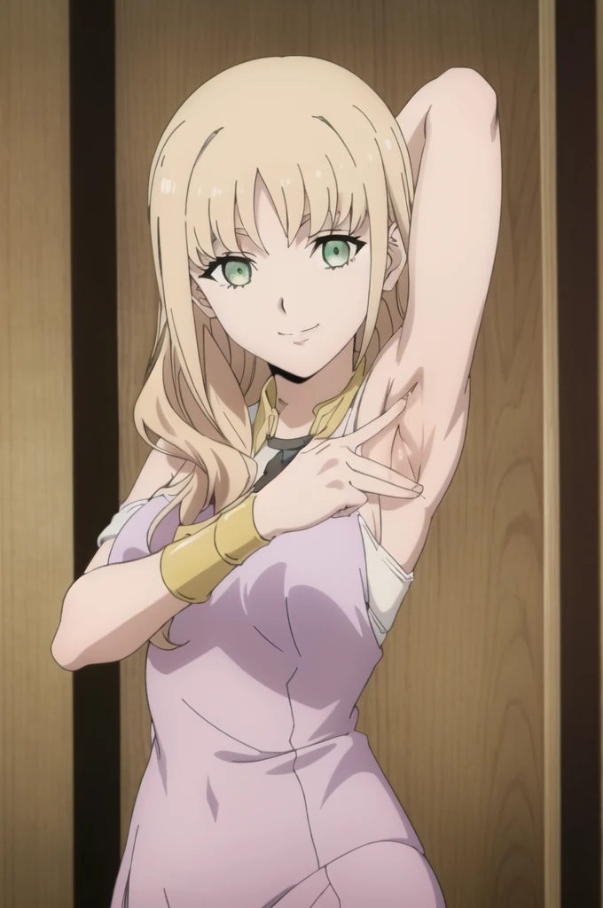 smile, looking at viewer, arms behind head, contrapposto, masterpiece, absurdres , spread armpits,, upper body, (best quality:1.1), (masterpiece:1.4), , , , , , , 1girl, solo, ciel_synduality_noir