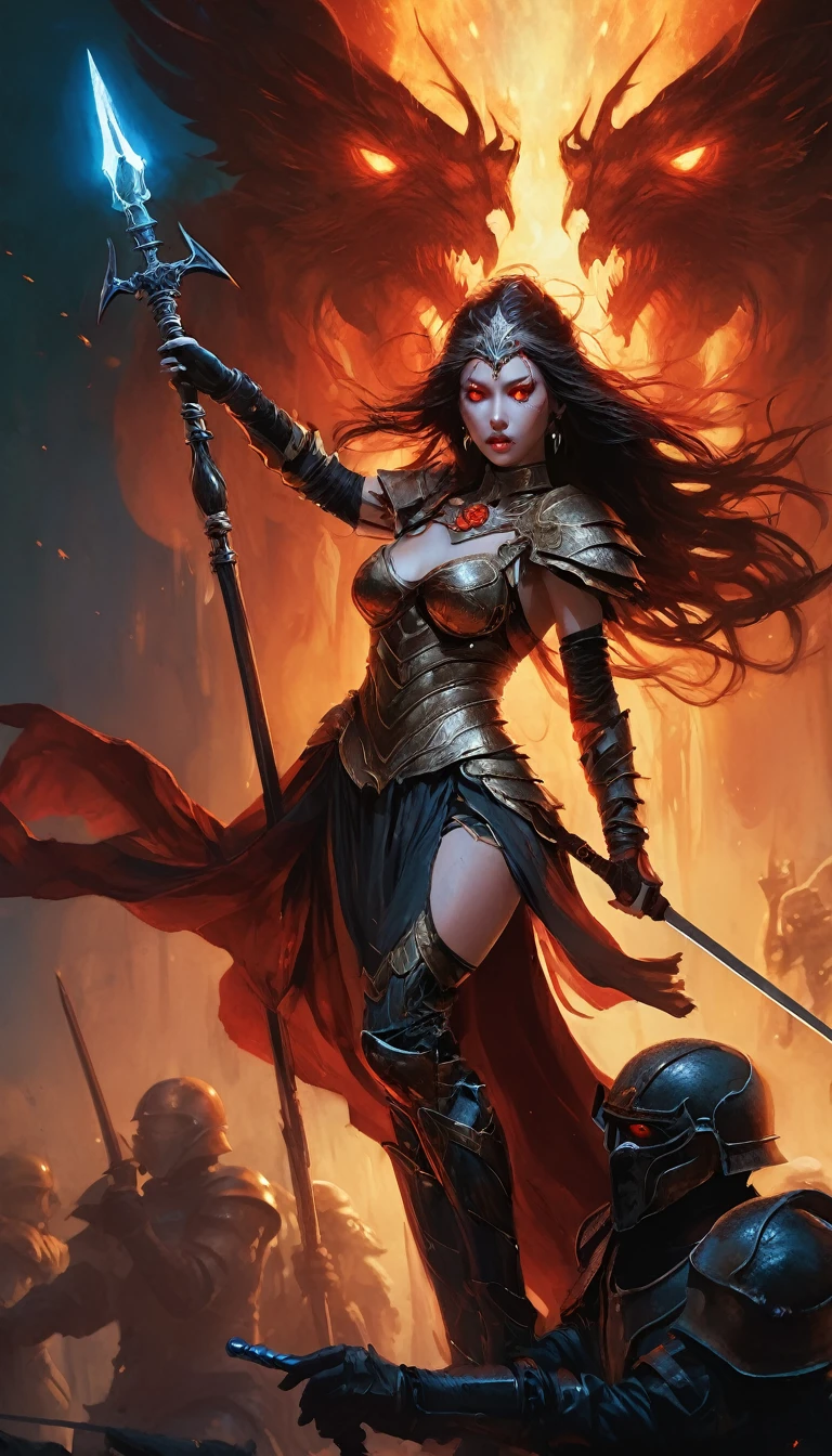 full body shot, dark fantasy, horror, levitating above the ground woman, goddess, goddess of war, wearing sexy armor, bloodshot eyes and hair, pointing with a stake an order for the movement of troops, dystopian atmosphere, dark colors, relistic