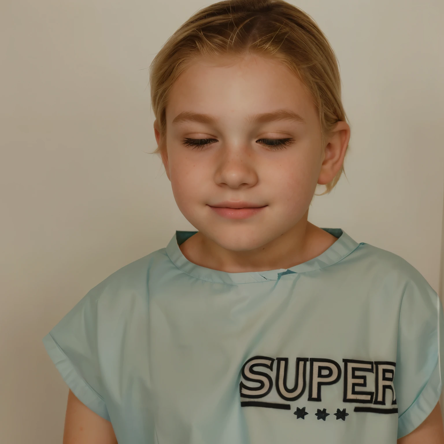 ultra realistic portrait of a 9 year old boy, blonde hair, , feminine face, full body portrait, boy as pediatric patient, standing in medical chnage room, wearing teal patient gown, excited, blushed cheeks, narrow face, big eyes, small narrow nose, ultra thin discrete blonde eyebrows, sleeping, eyes closed