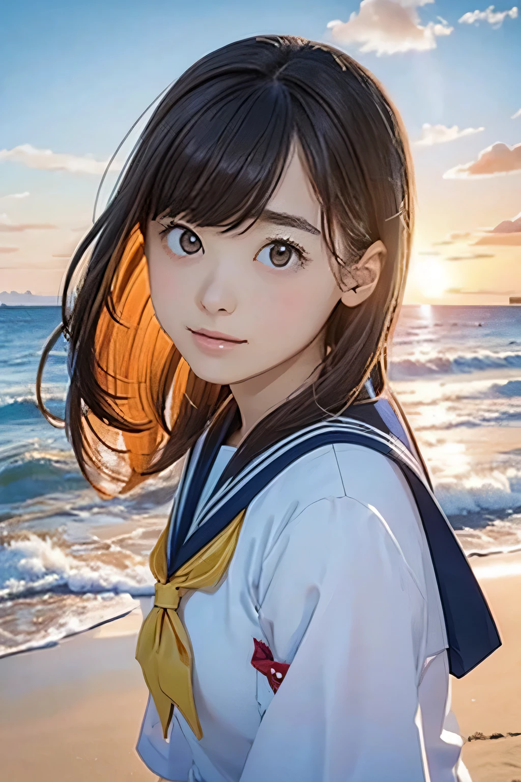 Highest quality、High resolution、Detailed Background、(Beautiful face in every detail:1.5)、Teenage Girl、(Huge breasts:1.2)、Light-colored hair、cute hairstyle、well-groomed eyebrows、Perfect body line、Cute gestures、Navy blue sailor suit、White sailor collar、Pleated mini skirt、cute school cardigan、White Stockings、
(A coastline dyed in the sunset and five girls looking back from the beach:1.5)、
Spend some time at the beach watching the sunset、Feel the end of summer as you feel the sea breeze and the sound of the waves.、Before the sun sets, the sky takes on a sunset-like appearance.、At first, bright orange and pink gradually painted the sky.々It will turn reddish.、As the sun sets, the colors become more vibrant and the surrounding scenery is beautifully colored.、
Place the main motif in the center、Leave space on both sides、Add color contrast、Bright center and soft sides、Pay attention to the movement of the lines、A deep composition、Leave some headroom、cute