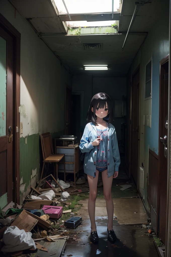 Girls under , Height under 100, dress, Small breasts, Patterned cotton panties, Fabric Real, Long black hair, No jacket, Abandoned Hospital