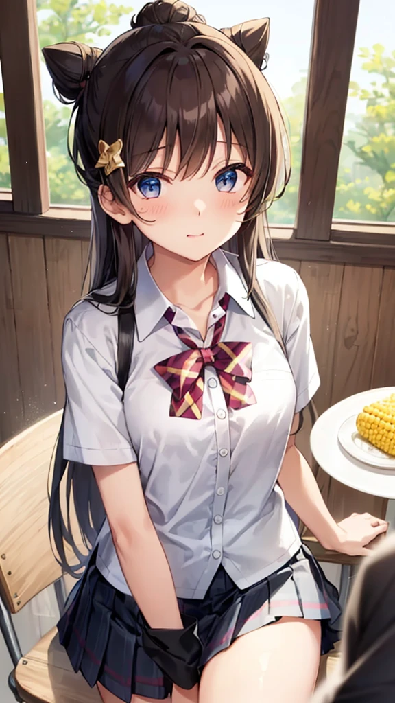 {{{masterpiece}}}, {{{Highest quality}}}, {{Super detailed}}, {figure}, {{Very delicate and beautiful}}, (Beautiful attention to detail:1.6), Highly detailed face, 8K, Anime Face, break, Kasumi Toyama(Band Dream!), Cute face, Brown Hair, Corn Hair Bun, Star hair ornament, Medium chest, Narrow waist, Big Hips, Curvaceous, {school uniform}, {Hanasakigawa Girls&#39; High School Uniform(Winter clothes)}, Neck ribbon, Red ribbon, Brown dress, White sailor collar, Brown shirt, Double-breasted, Long sleeve, Brown Skirt, Black socks, loafers, Brown footwear, break, smile, Outdoor, wood, Falling petals, cherry blossoms, Daytime, In front of the school gate, Outstretched arms, Open your mouth, Under the sunlight , From below, null、（nsfw1.3）I'm playing the electric guitar、show off breasts.breasts out.pussy.