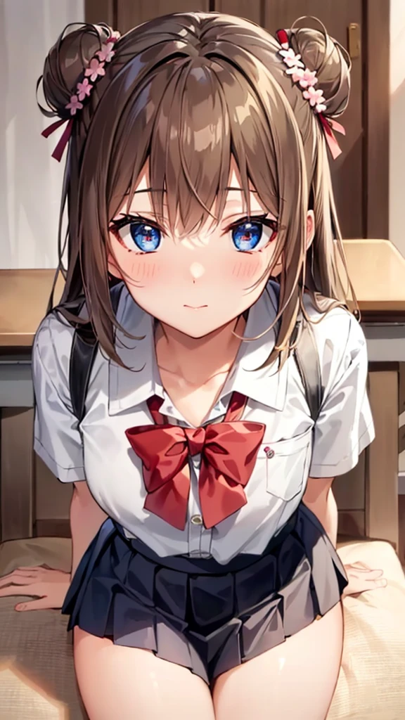 {{{masterpiece}}}, {{{Highest quality}}}, {{Super detailed}}, {figure}, {{Very delicate and beautiful}}, (Beautiful attention to detail:1.6), Highly detailed face, 8K, Anime Face, break, Kasumi Toyama(Band Dream!), Cute face, Brown Hair, Corn Hair Bun, Star hair ornament, Medium chest, Narrow waist, Big Hips, Curvaceous, {school uniform}, {Hanasakigawa Girls&#39; High School Uniform(Winter clothes)}, Neck ribbon, Red ribbon, Brown dress, White sailor collar, Brown shirt, Double-breasted, Long sleeve, Brown Skirt, Black socks, loafers, Brown footwear, break, smile, Outdoor, wood, Falling petals, cherry blossoms, Daytime, In front of the school gate, Outstretched arms, Open your mouth, Under the sunlight , From below, null、（nsfw1.3）I'm playing the electric guitar、show off breasts.breasts out.pussy.