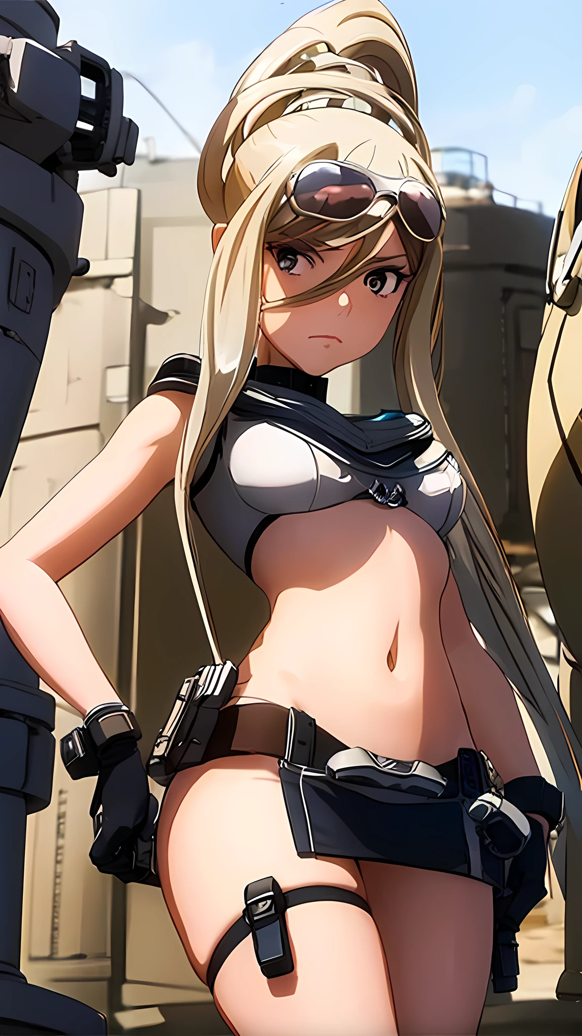 Detailed girl with an arrogant look in front of a war search fleet
