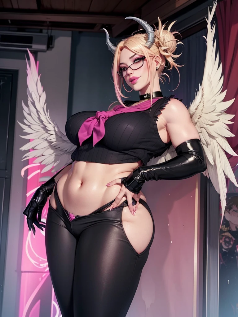 realisticlying,22yo girl,Blonde short、big body, sexy lingerie lace black ,perfect eyes, hair bunches、very very long hair, ultradetailed hair, body nylon sexy, Breasts enlarged、 big body, blonde, woman 1.90 CM,ponytail, ((hair over eyes)),perfect mouth, massive big bounce oppai, WET SKIN, (masterpiece, best quality:1.2), 1girl, solo, city background, haze \(fortnite\), Harpy Haze From fortnite, 1girl, earrings, glasses, hat, jewelry, lips, long hair, looking at viewer, makeup, nail polish, pink eyes, pink hair, pink nails, smile, sunglasses, tinted eyewear, belt, black pants, crop top, eyeshadow, midriff, navel, pants, choker, fingernails, round eyewear, sharp fingernails, standing, black feathers, black headwear, hoop earrings, horned headwear, horns, denim, winged arms, feather trim, star \(symbol\), elbow gloves, dark pink lips, feathers, heels, shoes, angel wings, bangle, black wings, crop top overhang, feathered wings, harpy, low wings, multicolored hair, multicolored wings, pink wings, wings, fingerless gloves, shirt, long fingernails, boater hat, bootcut pants, leather pants, sleeves, black sleeves,massive big bounce oppai,massive big bounce oppai,massive big bounce oppai,big bounce oppai,big bounce oppai,hat devil, Flexible body, curva sexy,Sexy woman Goddess