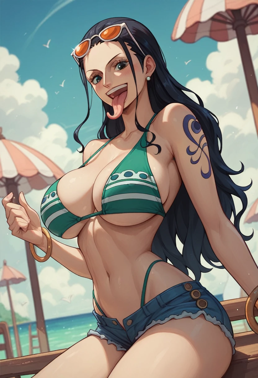 nami and Nico Robin from One Piece, One piece style, large breasts, open mouth, giant tongue, uvula, smile