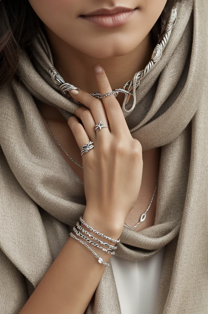 That the word EVERYWHERE is written on a silver ring and there are necklaces around it., natural silk bracelets and scarves
