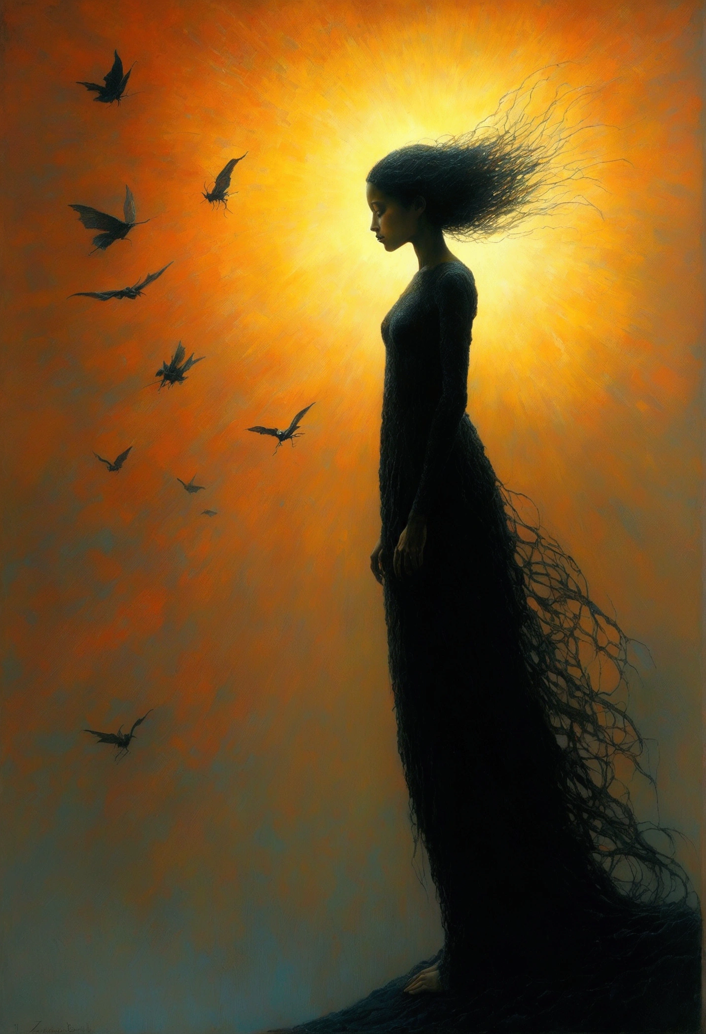 Mythical creatures, author:Zdzislaw Beksiński、black、girl