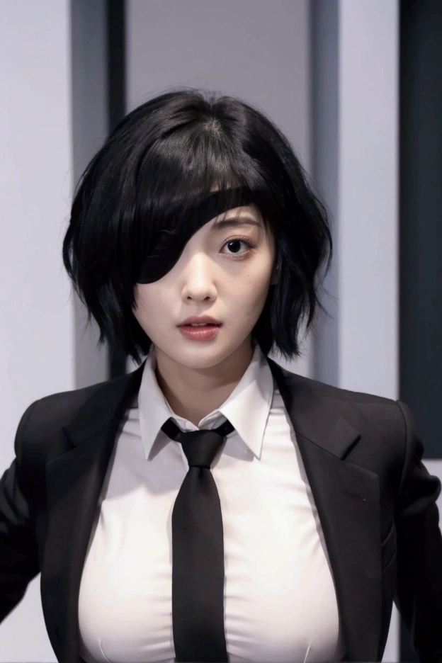 30 years old、Short black hair、Her breasts are so big that her shirt is too tight、black tie、suit