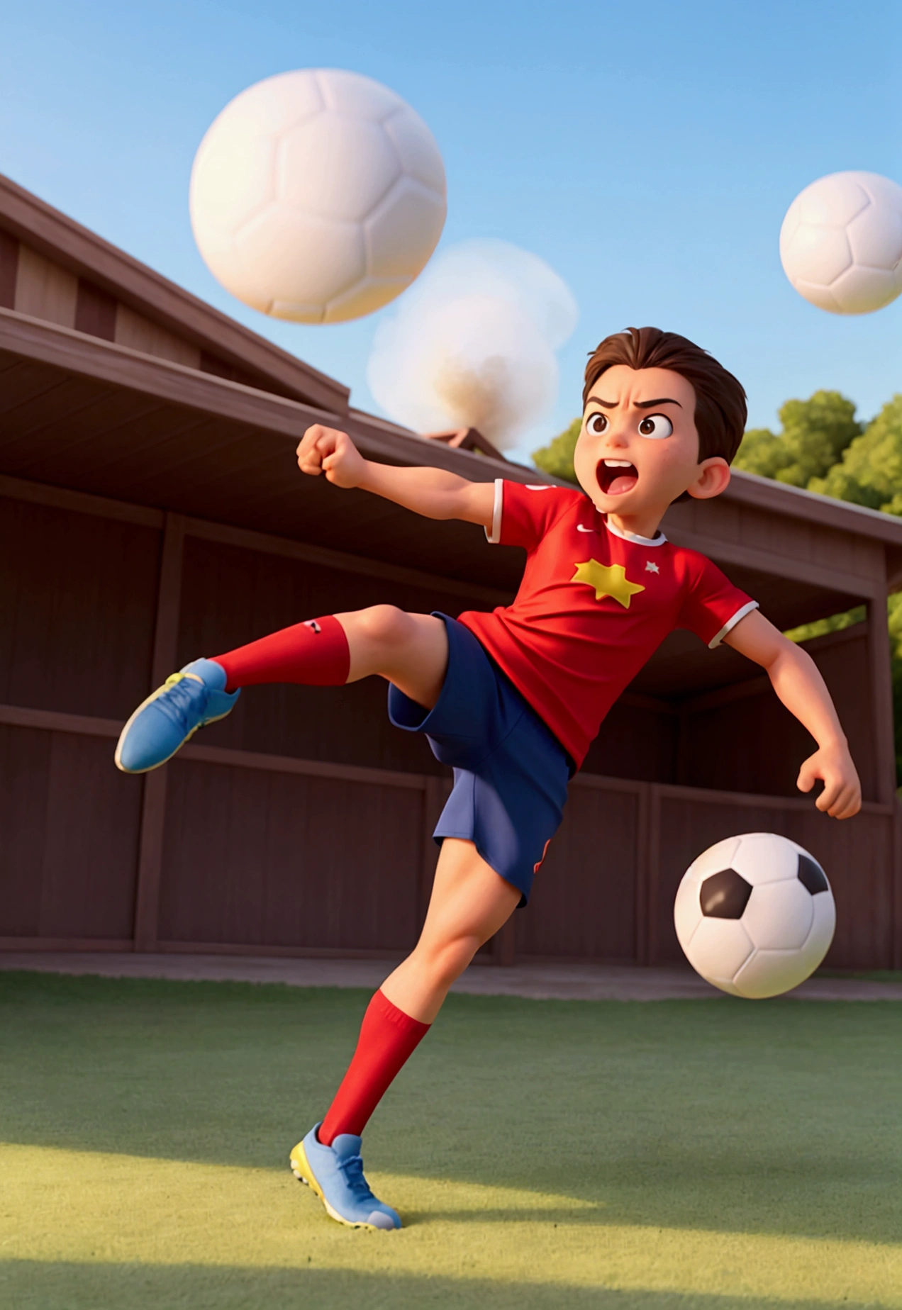Create a fun image of a very strong, straight-faced kicking a soccer ball. The should have a very strong, muscular leg, like a superhero's, while the rest of the body appears normal. The soccer ball The football should be flying at high speed after being kicked, and there should be a fence behind it that is bursting due to the force of the kick. The expression on the child's face should be one of surprise and excitement."