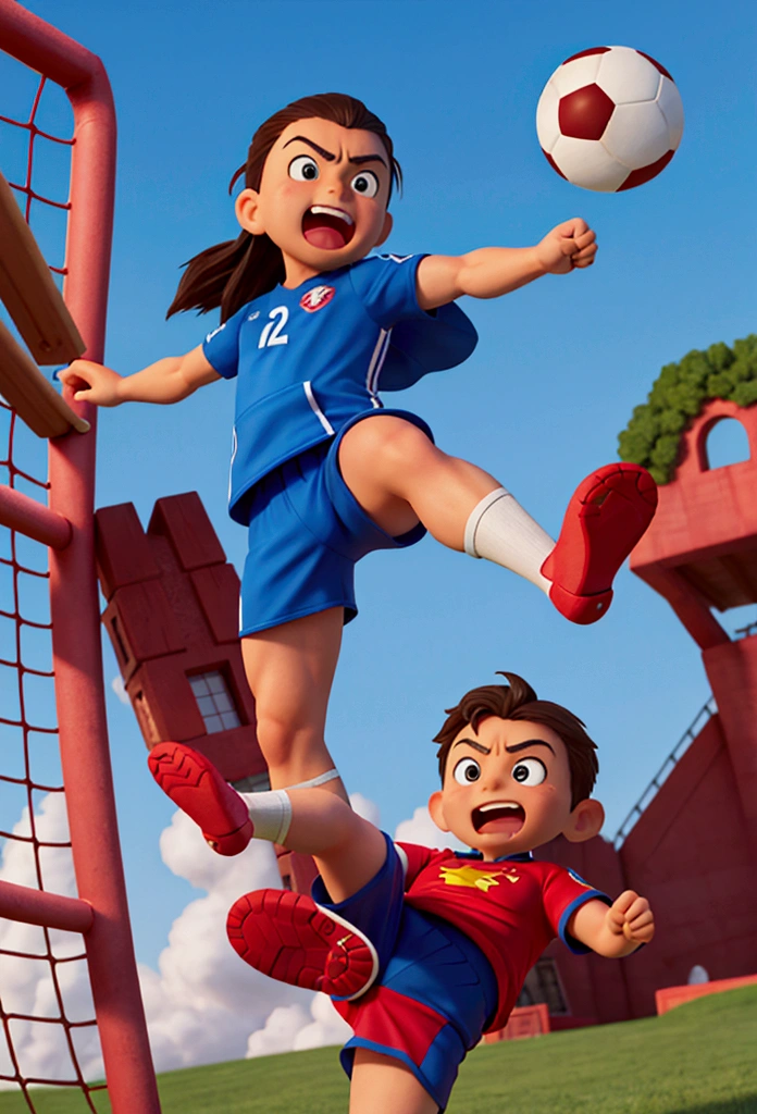 Create a fun image of a very strong, straight-faced kicking a soccer ball. The should have a very strong, muscular leg, like a superhero's, while the rest of the body appears normal. The soccer ball The football should be flying at high speed after being kicked, and there should be a fence behind it that is bursting due to the force of the kick. The expression on the child's face should be one of surprise and excitement."
