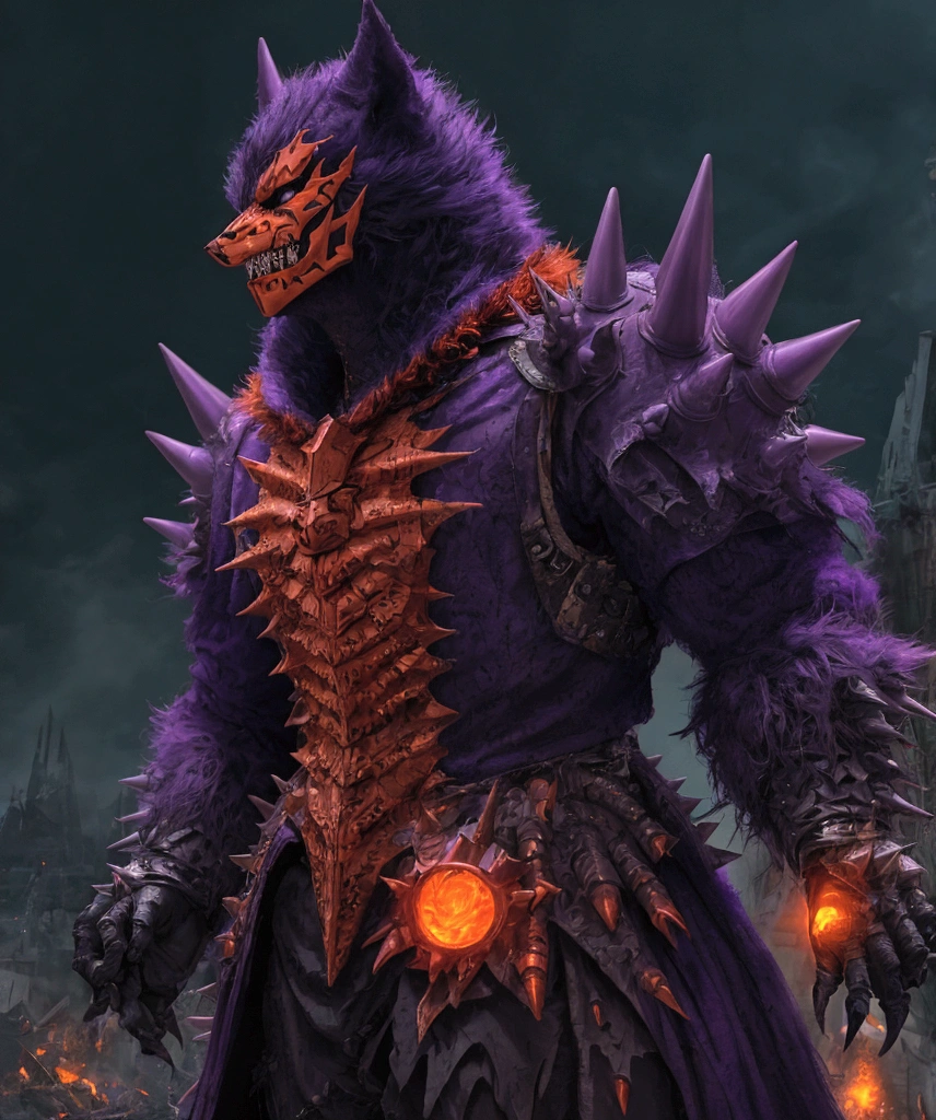 (extremely detailed 8k wallpaper), a medium shot photo of Grim dressed as a scary masked orange and purple furry-supervillain in a orange and purple spiked armour made of fur glowing armour with spikes from marvel, theme, intricate, high detail, dramatic, furry monster and destroyed buildings in the background