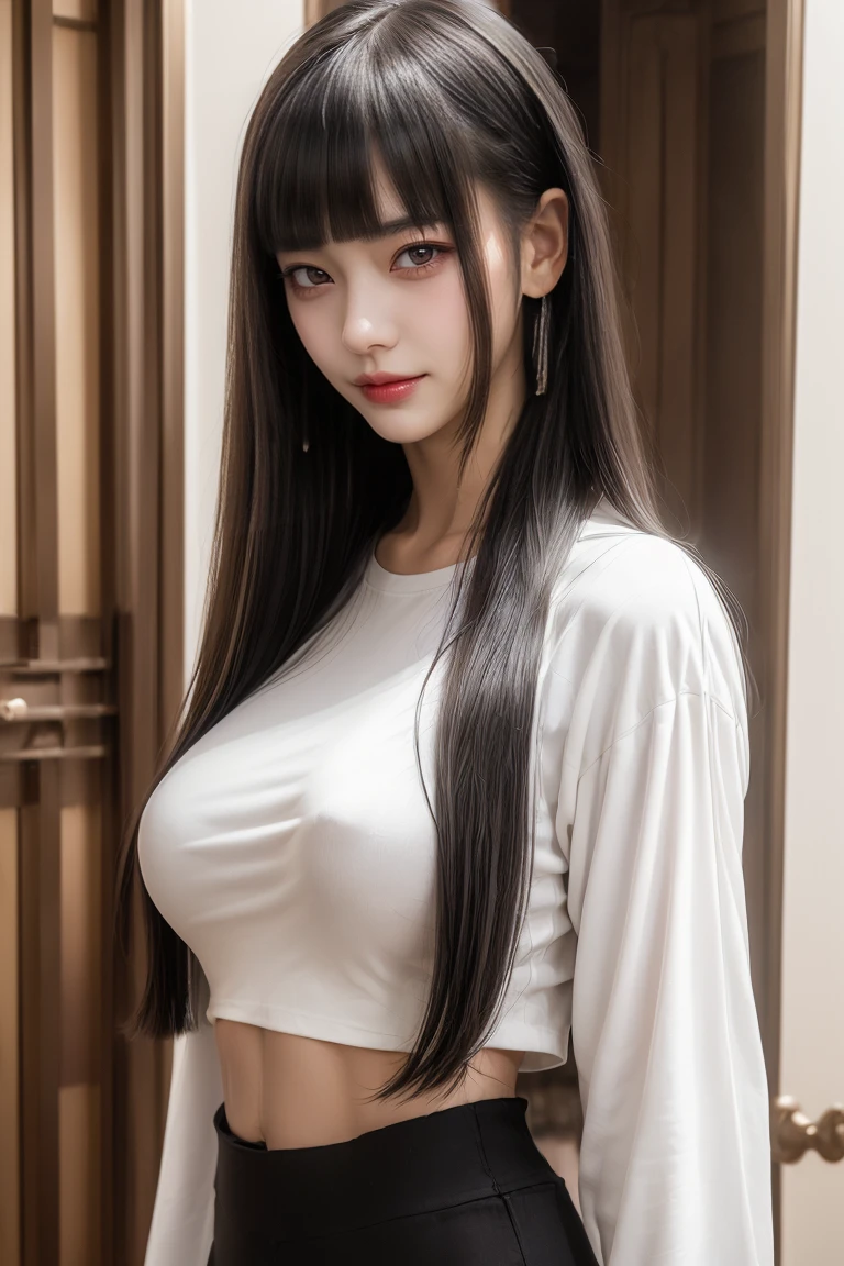 (belly button、Tight white t-shirt:1.5)、Black skinny pants:1.2、Ultra-high resolution、(((Blunt bangs, Princess Van))), (((Very heavy,Voluminous bangs:1.1))),(((very length, Very heavy,Very voluminous side locks:1.1))),, Princess Cut, Straight bangs hairstyle, Round face with Blunt bangs, length, Glossless hair、The bangs are cut straight,(masterpiece, Highest quality:1.5), (Ultra-fine 8K CG:1.4), (hyperRealistic:1.25), (PhotoRealistic:1.25), (Realistic:1.4), Cowboy Shot,(Smile 1.3), Beautiful Japanese Girl, , Supermodel, Japanese Idols, (Grin), (Big Breasts:1.5), Sweat、(In the city:1.2)、Accentuate your cleavage、Black Hair:1.2、(Full body image:1.5)、((Real person:1.5))、Perfect balance、(From above:1.5)