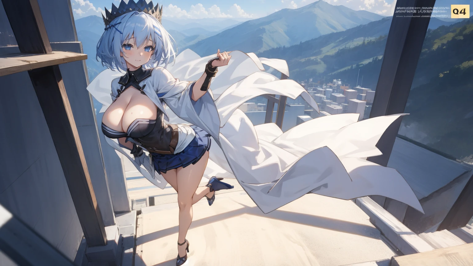 1 girl, very , very sexy body, irl in, a smile, looks at the viewer, black shirt, super short white school miniskirt, full body, giant breasts, cleavant breass, background inuntains 1 girl , with big breasts. long legs QUEEN huge tige), high legs, (standing), sexy auscularhort skirt.4k hd