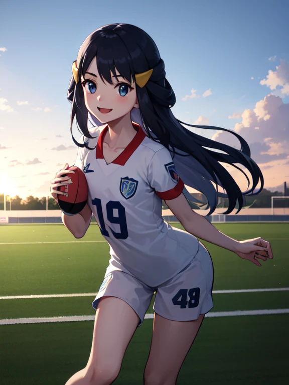 gonzarez, Masterpiece, , dawn,pokemon,1 girl, Alone, SMILE, blue fur, Blue eyes, wide,playing football,soccer field