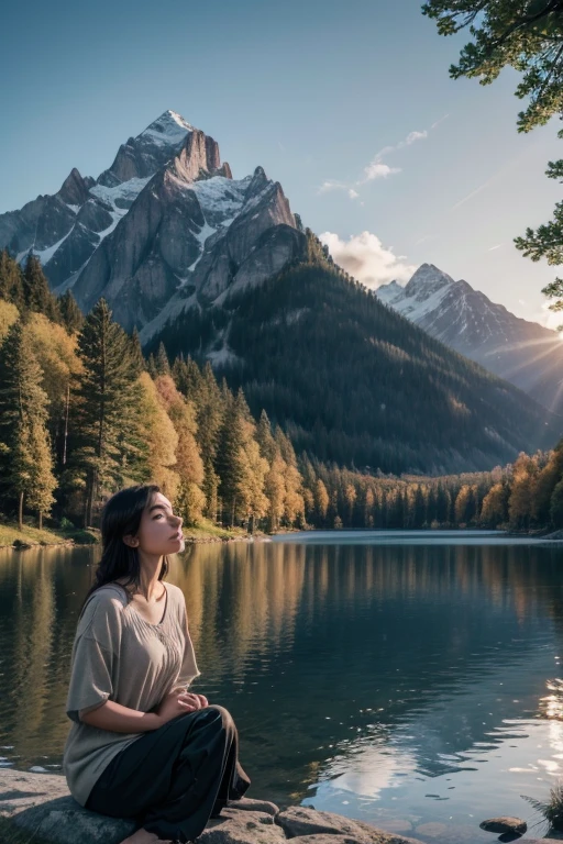 a serene and contemplative scene, a person sitting by a lake, releasing a fish back into the water, surrounded by trees and mountains in the background, reflecting a sense of freedom and acceptance, 1person, sitting pose,beautiful detailed eyes,beautiful detailed lips,extremely detailed eyes and face, longeyelashes, detailed facial features, calm expression, nature landscape, lake, mountains, trees, sunlight, warm lighting, photorealistic, high resolution, 8k, hyper detailed, masterpiece, cinematic, vibrant colors, realistic, dramatic lighting